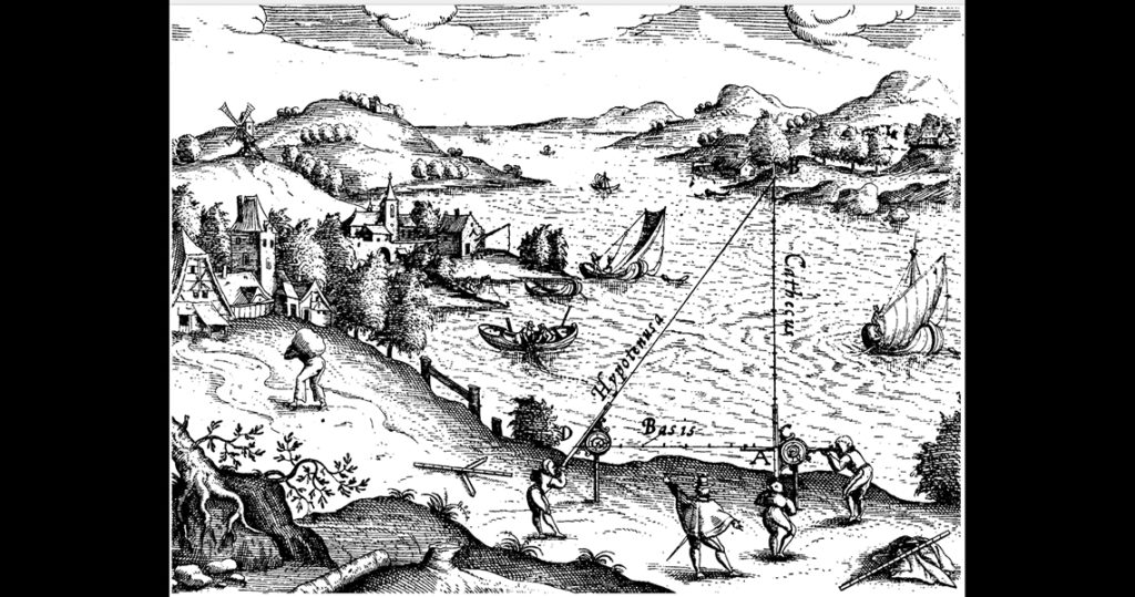 Black and white illustration of a triangular overlayed over a scence of a river and village buildings.